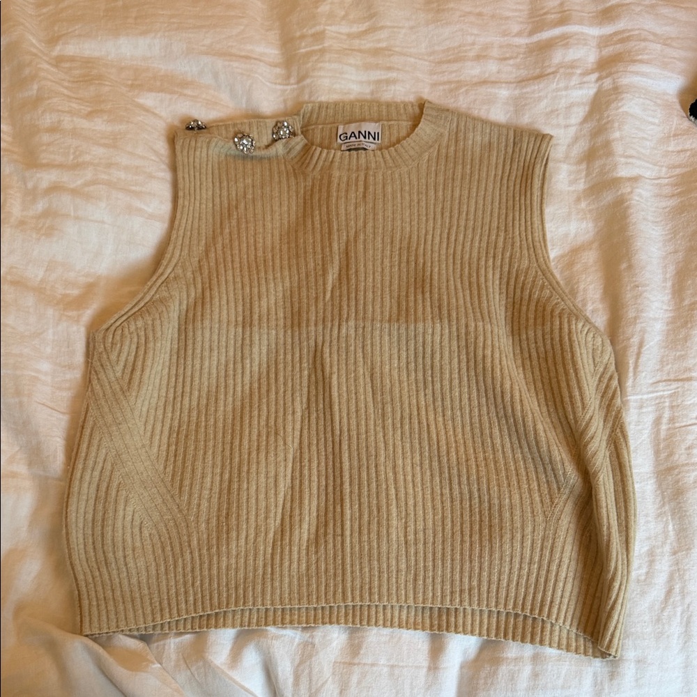 Ganni Camel Ribbed Sleeveless Sweater Vest with Embellished Shoulder